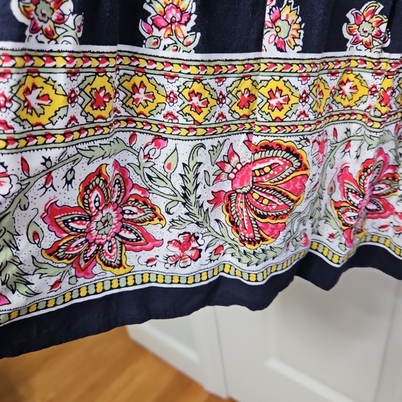 LOFT Paisley Midi Peasant Dress Small Navy Blue Elastic Waist Tassels Ruffle Hem - Picture 11 of 12